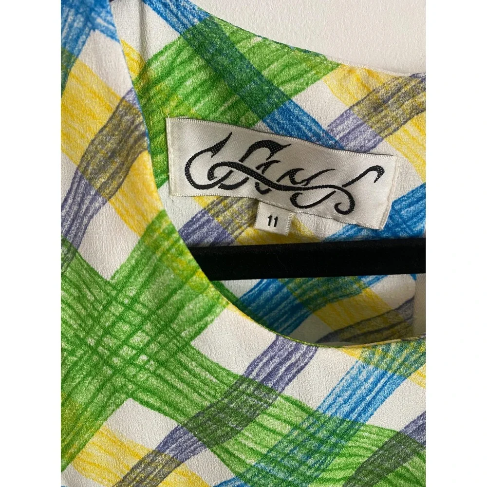 Vintage Mod Plaid Shift Dress Green Yellow‎ Blue Sleeveless Size 11